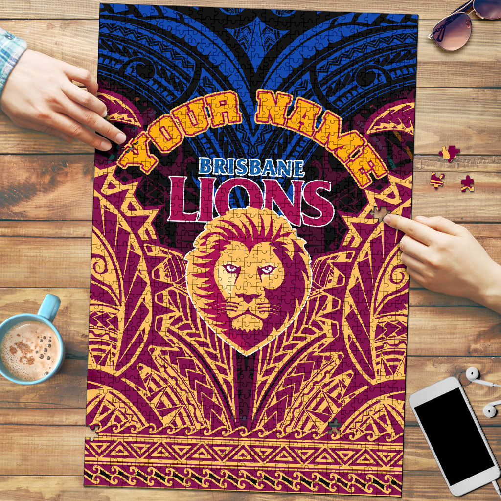 Personalized Brisbane Lions Puzzle Polynesian Tribal Lion Burgundy Gold Warrior
