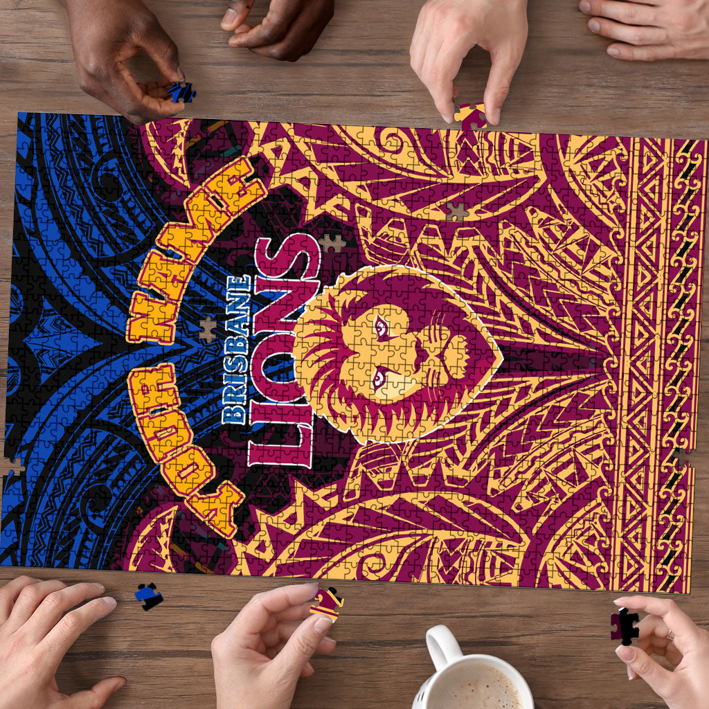 Personalized Brisbane Lions Puzzle Polynesian Tribal Lion Burgundy Gold Warrior