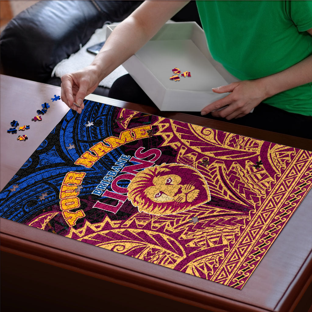 Personalized Brisbane Lions Puzzle Polynesian Tribal Lion Burgundy Gold Warrior