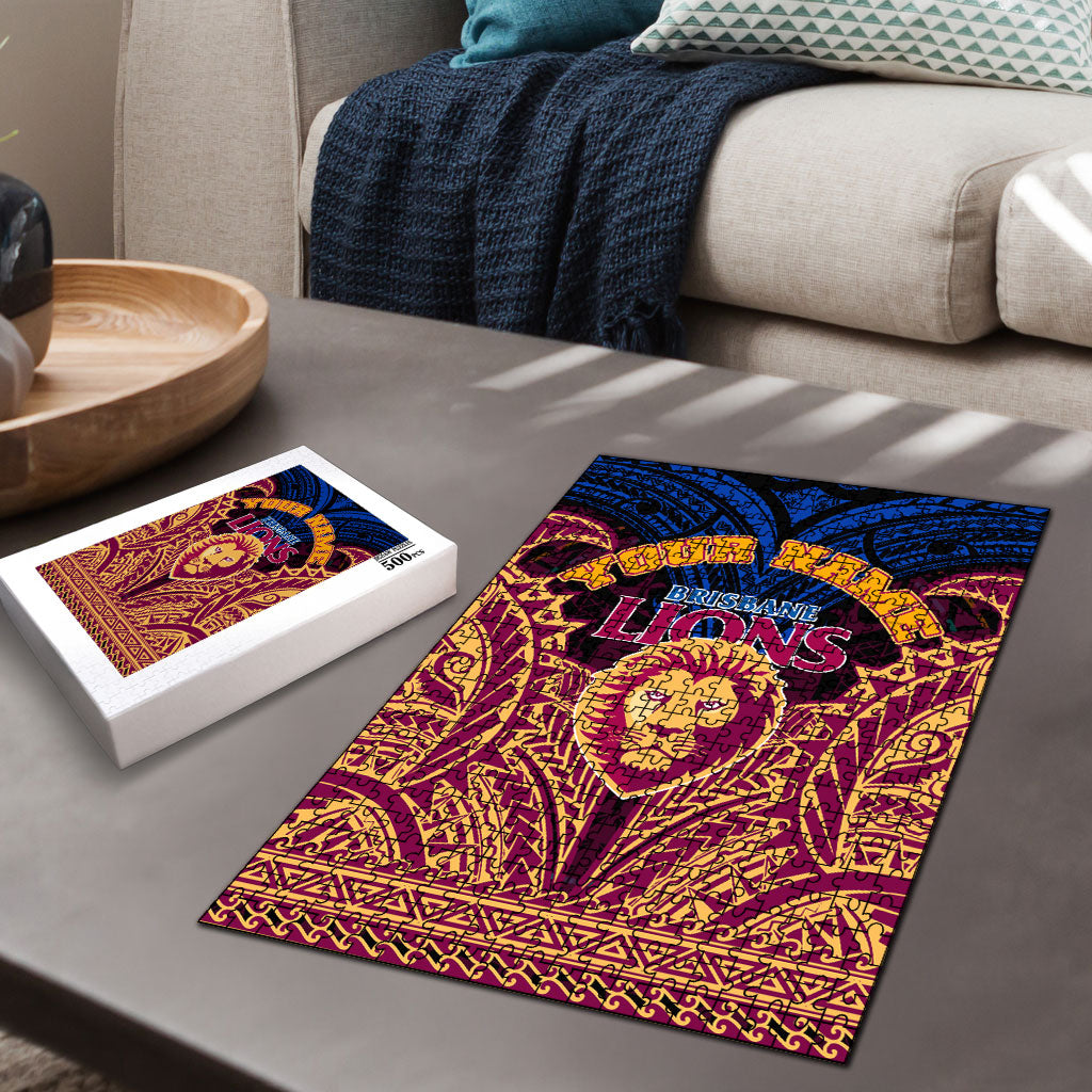 Personalized Brisbane Lions Puzzle Polynesian Tribal Lion Burgundy Gold Warrior