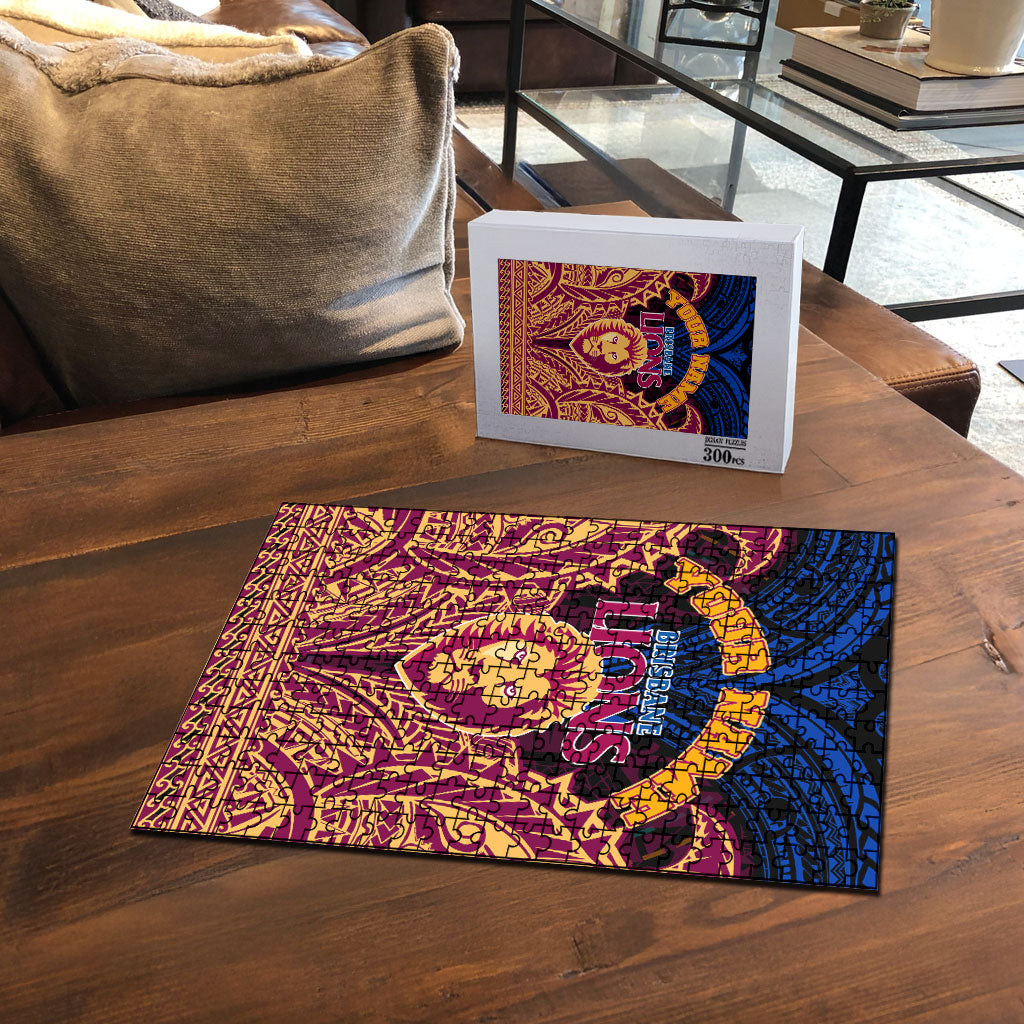 Personalized Brisbane Lions Puzzle Polynesian Tribal Lion Burgundy Gold Warrior