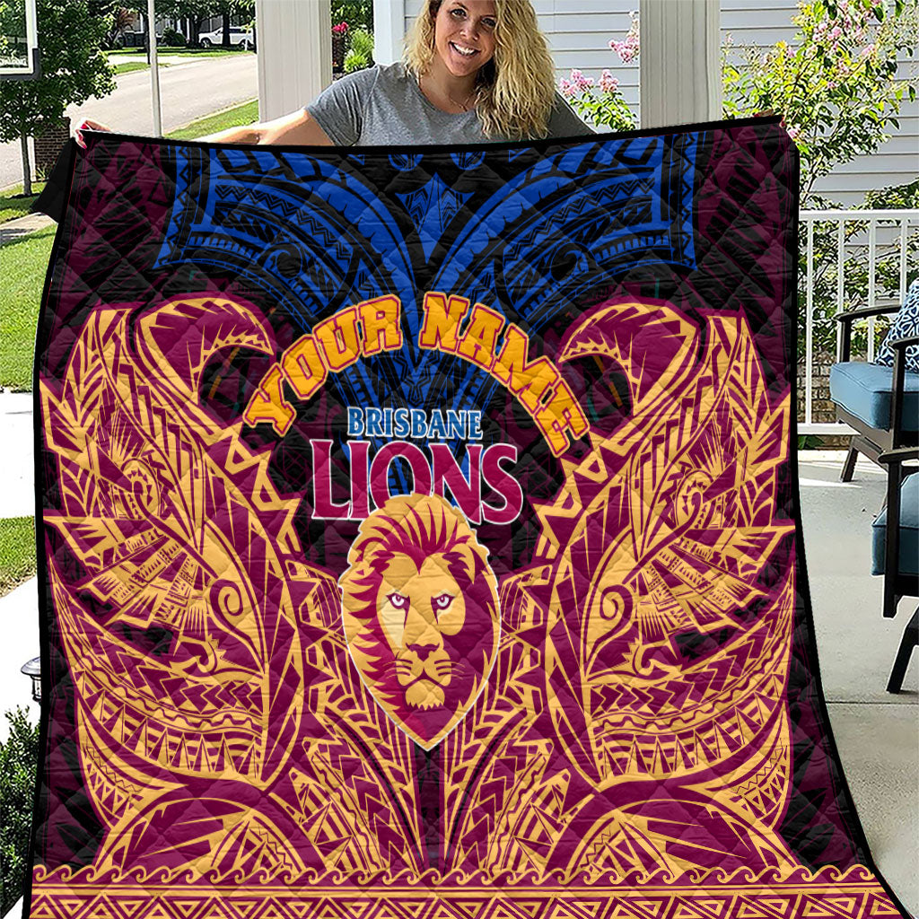 Personalized Brisbane Lions Quilt Polynesian Tribal Lion Burgundy Gold Warrior