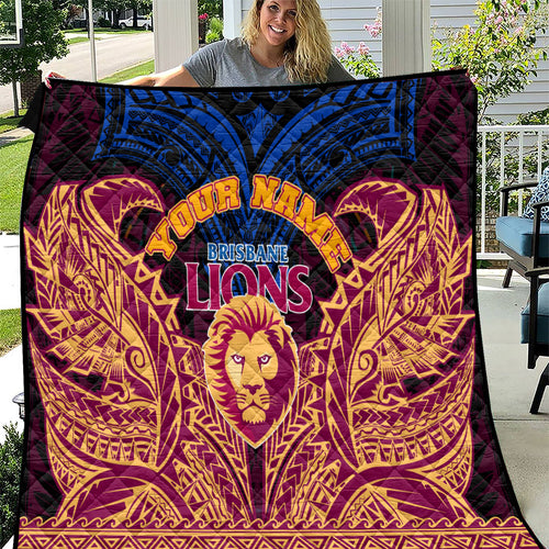 Personalized Brisbane Lions Quilt Polynesian Tribal Lion Burgundy Gold Warrior