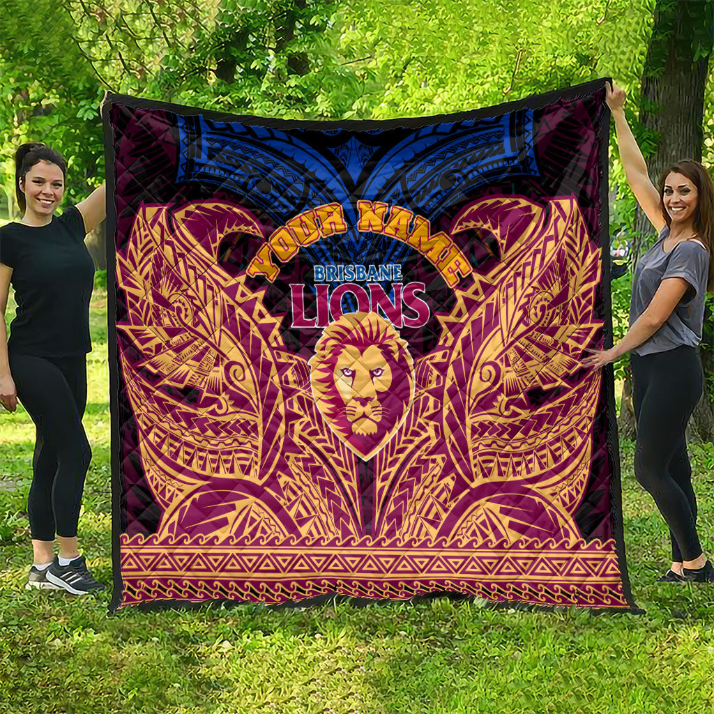 Personalized Brisbane Lions Quilt Polynesian Tribal Lion Burgundy Gold Warrior