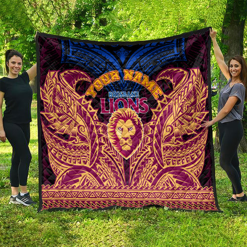 Personalized Brisbane Lions Quilt Polynesian Tribal Lion Burgundy Gold Warrior
