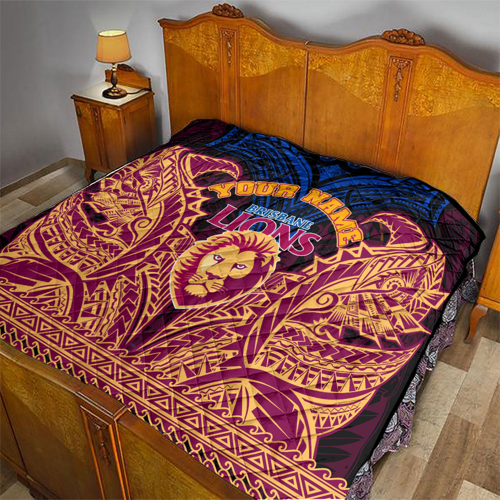 Personalized Brisbane Lions Quilt Polynesian Tribal Lion Burgundy Gold Warrior
