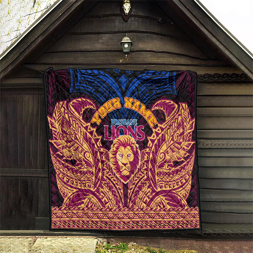 Personalized Brisbane Lions Quilt Polynesian Tribal Lion Burgundy Gold Warrior