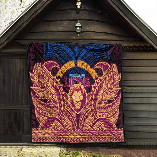 Personalized Brisbane Lions Quilt Polynesian Tribal Lion Burgundy Gold Warrior