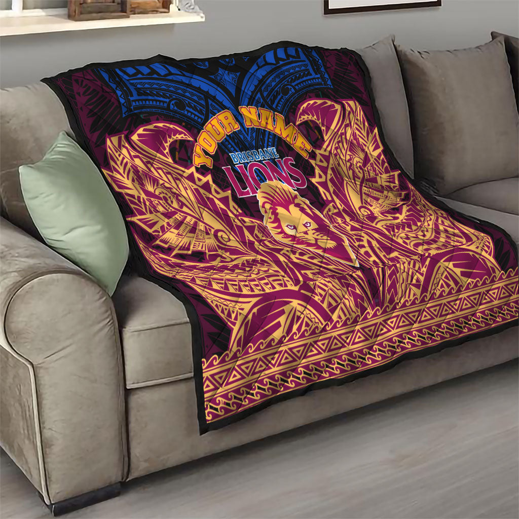 Personalized Brisbane Lions Quilt Polynesian Tribal Lion Burgundy Gold Warrior