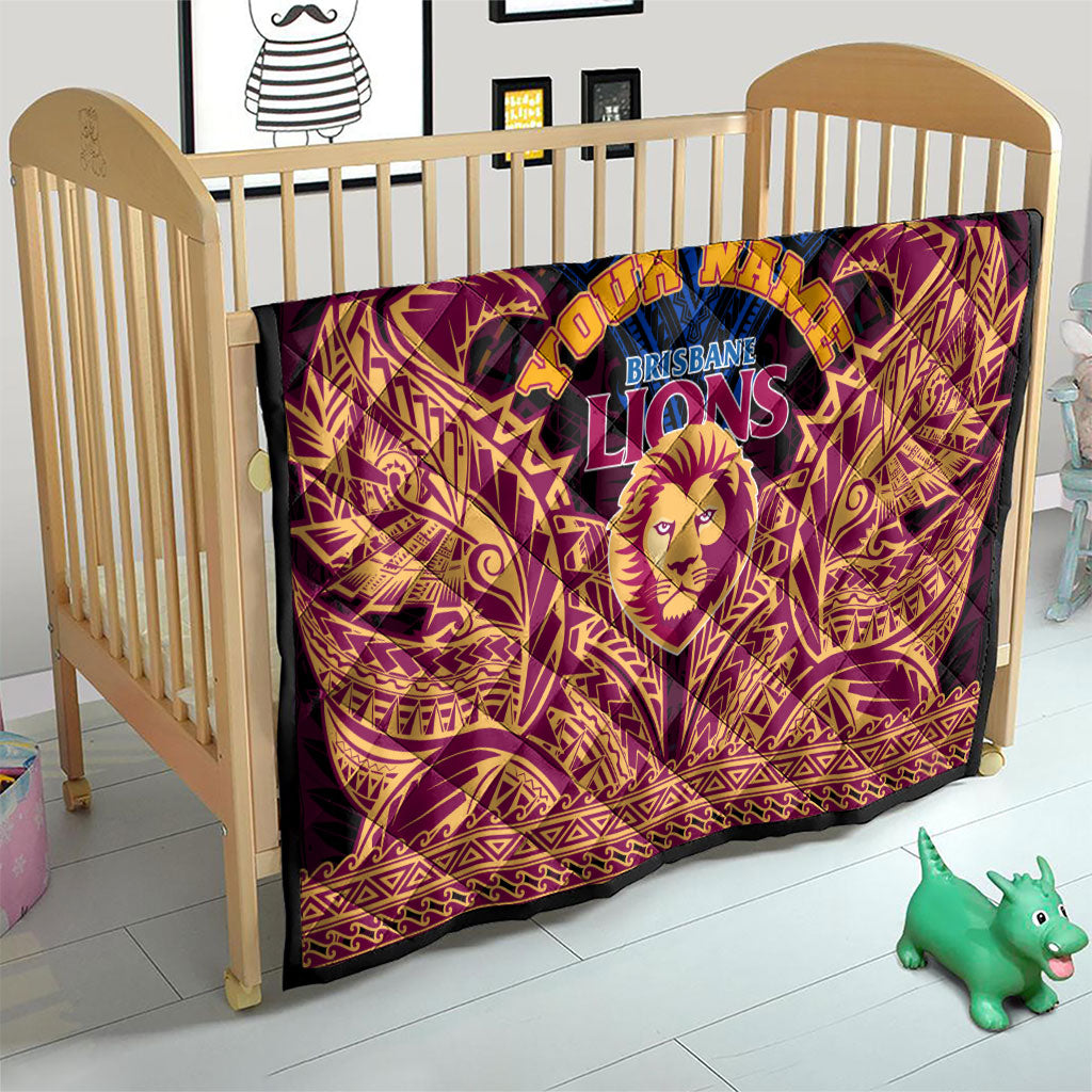 Personalized Brisbane Lions Quilt Polynesian Tribal Lion Burgundy Gold Warrior