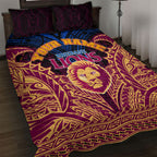 Personalized Brisbane Lions Quilt Bed Set Polynesian Tribal Lion Burgundy Gold Warrior