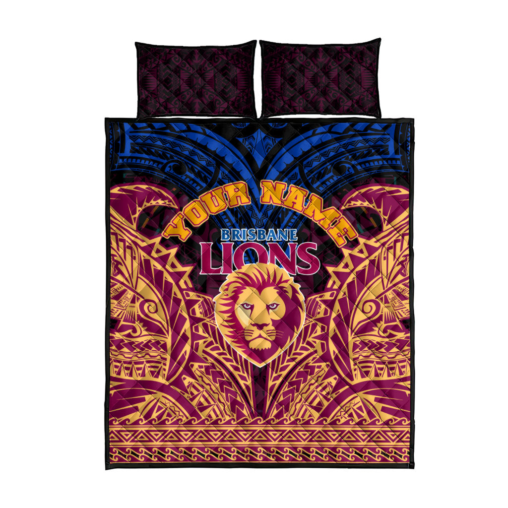 Personalized Brisbane Lions Quilt Bed Set Polynesian Tribal Lion Burgundy Gold Warrior