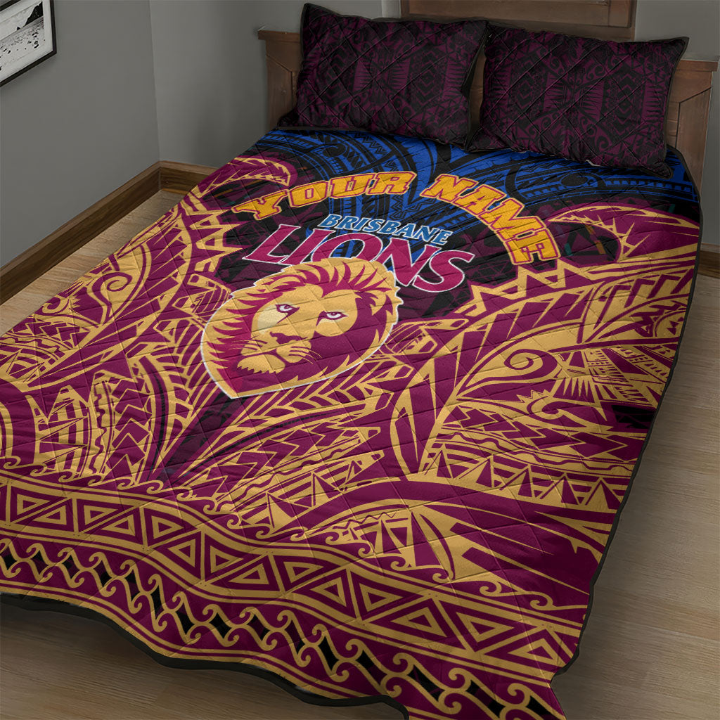 Personalized Brisbane Lions Quilt Bed Set Polynesian Tribal Lion Burgundy Gold Warrior