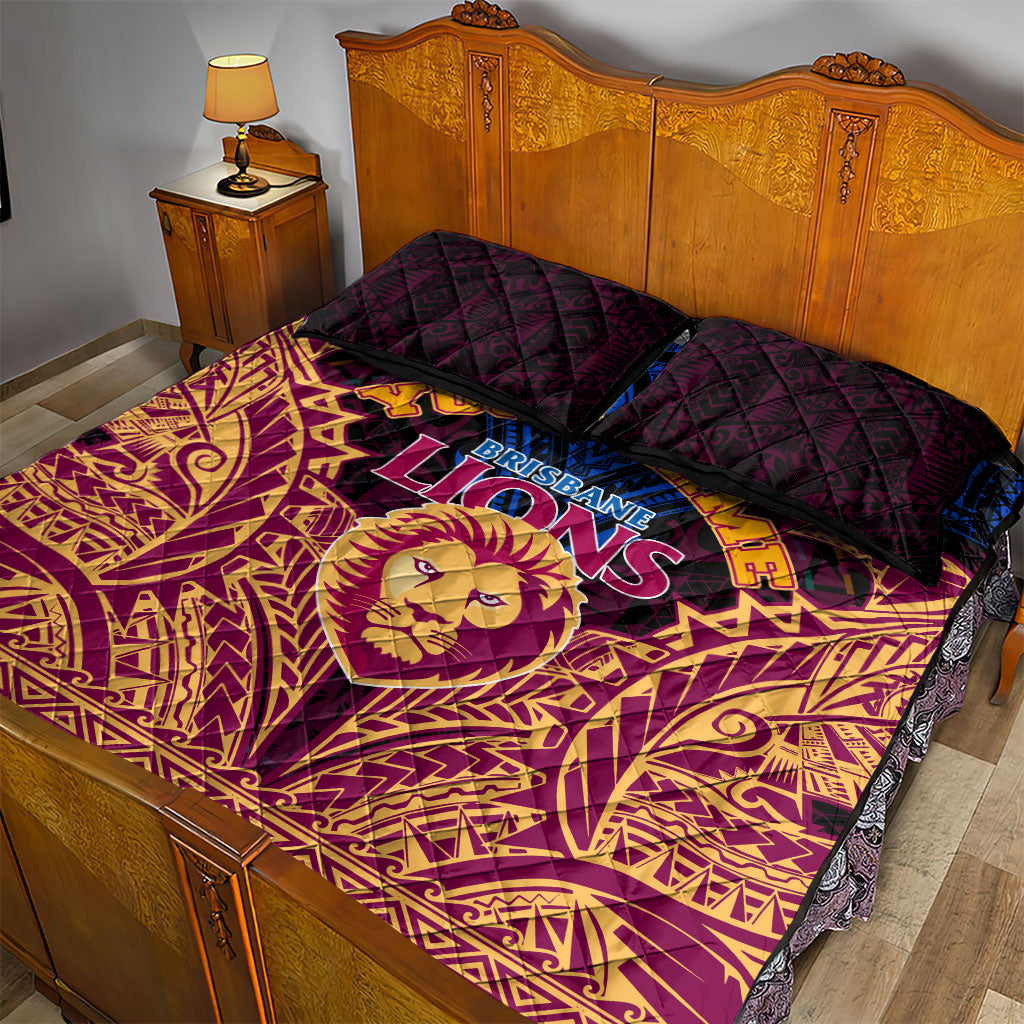 Personalized Brisbane Lions Quilt Bed Set Polynesian Tribal Lion Burgundy Gold Warrior