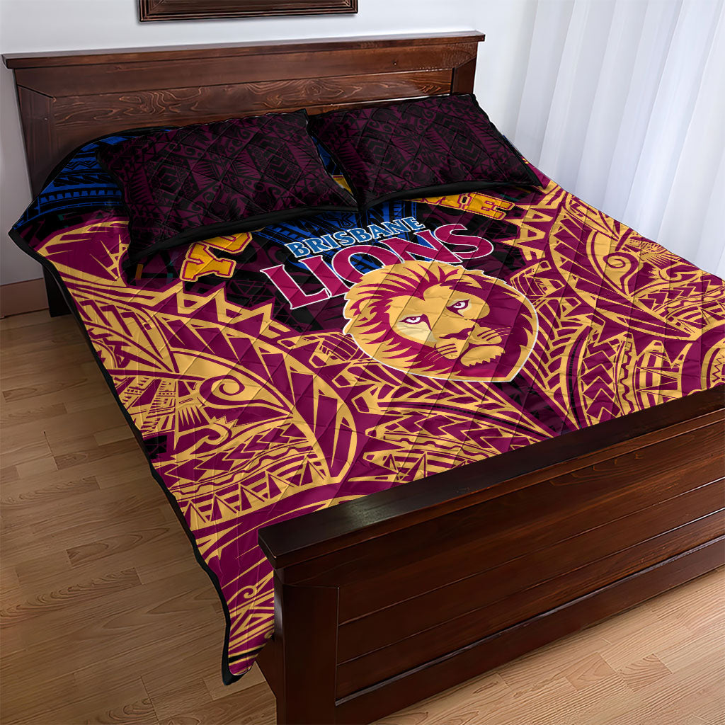 Personalized Brisbane Lions Quilt Bed Set Polynesian Tribal Lion Burgundy Gold Warrior