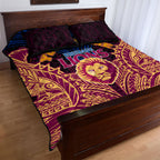 Personalized Brisbane Lions Quilt Bed Set Polynesian Tribal Lion Burgundy Gold Warrior