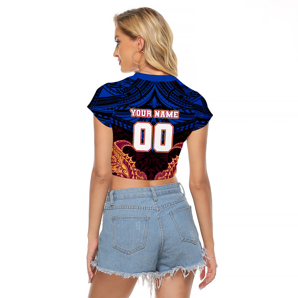 Personalized Brisbane Lions Raglan Cropped T Shirt Polynesian Tribal Lion Burgundy Gold Warrior