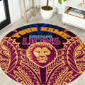 Personalized Brisbane Lions Round Carpet Polynesian Tribal Lion Burgundy Gold Warrior