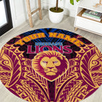 Personalized Brisbane Lions Round Carpet Polynesian Tribal Lion Burgundy Gold Warrior