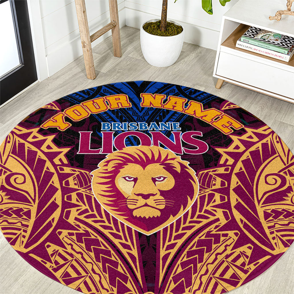 Personalized Brisbane Lions Round Carpet Polynesian Tribal Lion Burgundy Gold Warrior