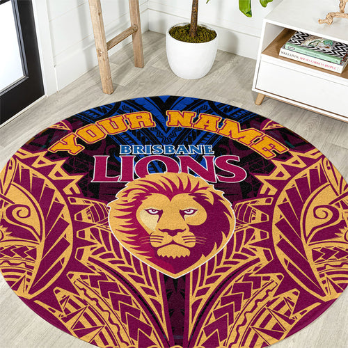 Personalized Brisbane Lions Round Carpet Polynesian Tribal Lion Burgundy Gold Warrior