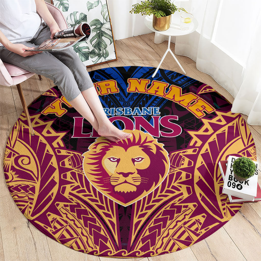 Personalized Brisbane Lions Round Carpet Polynesian Tribal Lion Burgundy Gold Warrior