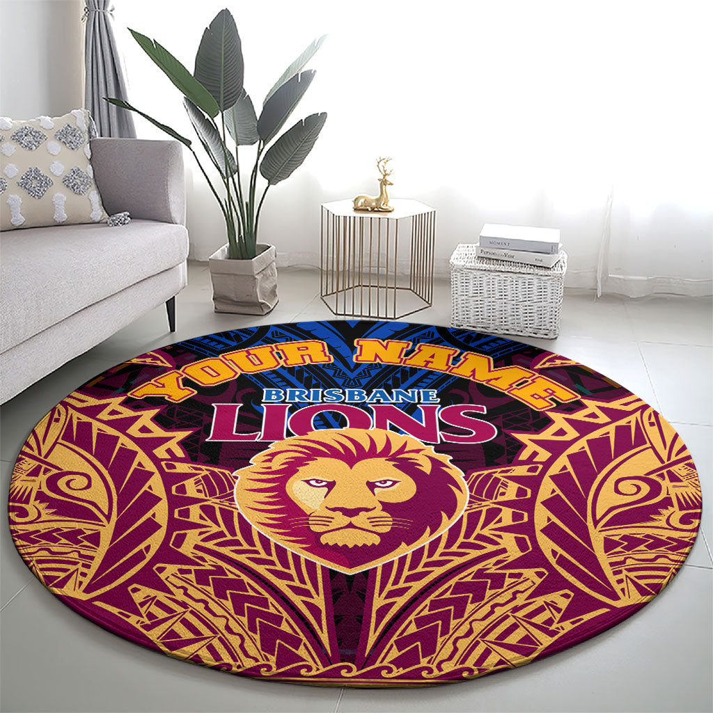 Personalized Brisbane Lions Round Carpet Polynesian Tribal Lion Burgundy Gold Warrior