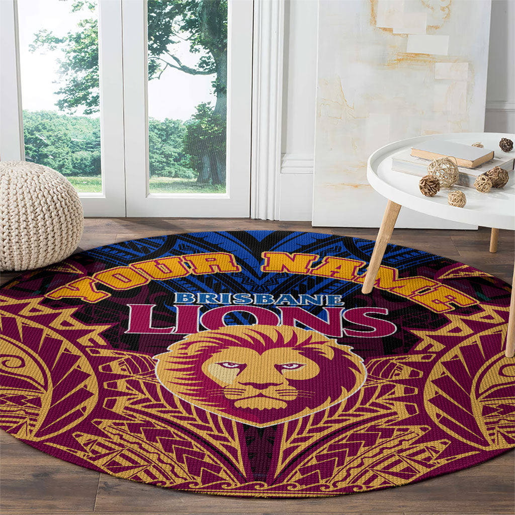 Personalized Brisbane Lions Round Carpet Polynesian Tribal Lion Burgundy Gold Warrior