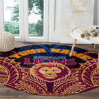 Personalized Brisbane Lions Round Carpet Polynesian Tribal Lion Burgundy Gold Warrior