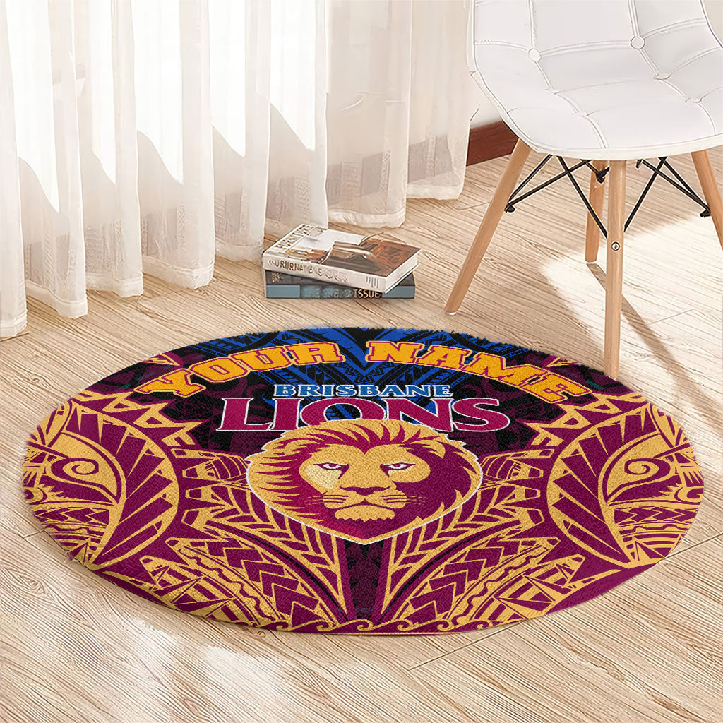 Personalized Brisbane Lions Round Carpet Polynesian Tribal Lion Burgundy Gold Warrior
