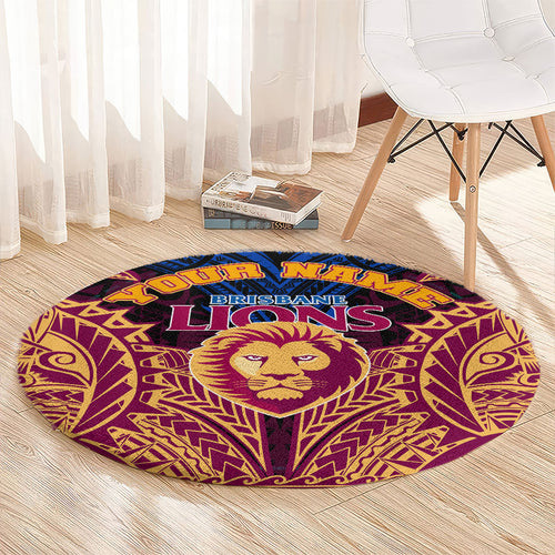Personalized Brisbane Lions Round Carpet Polynesian Tribal Lion Burgundy Gold Warrior