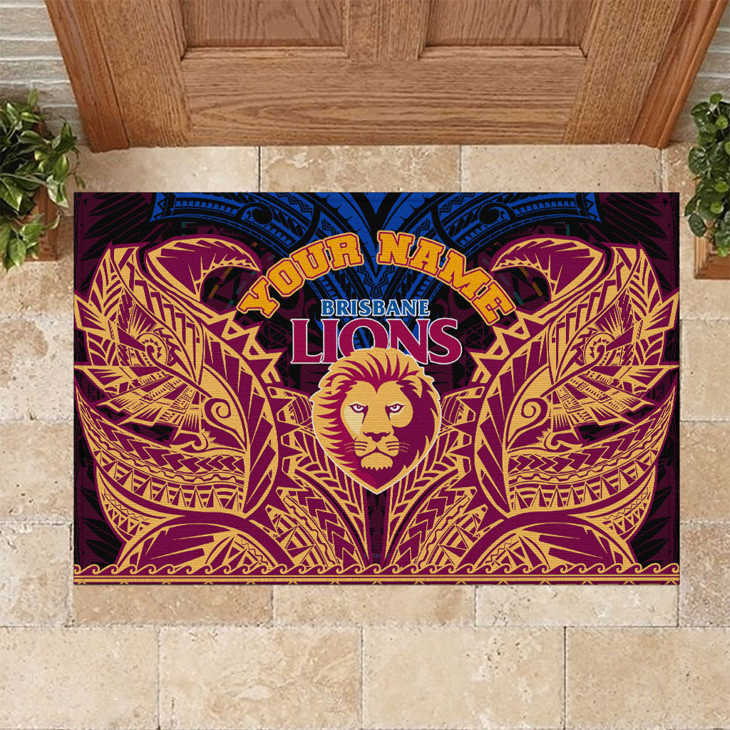 Personalized Brisbane Lions Rubber Doormat Polynesian Tribal Lion Burgundy Gold Warrior