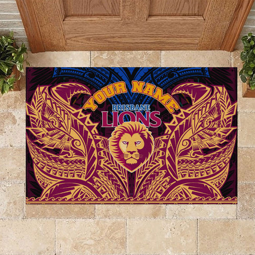 Personalized Brisbane Lions Rubber Doormat Polynesian Tribal Lion Burgundy Gold Warrior