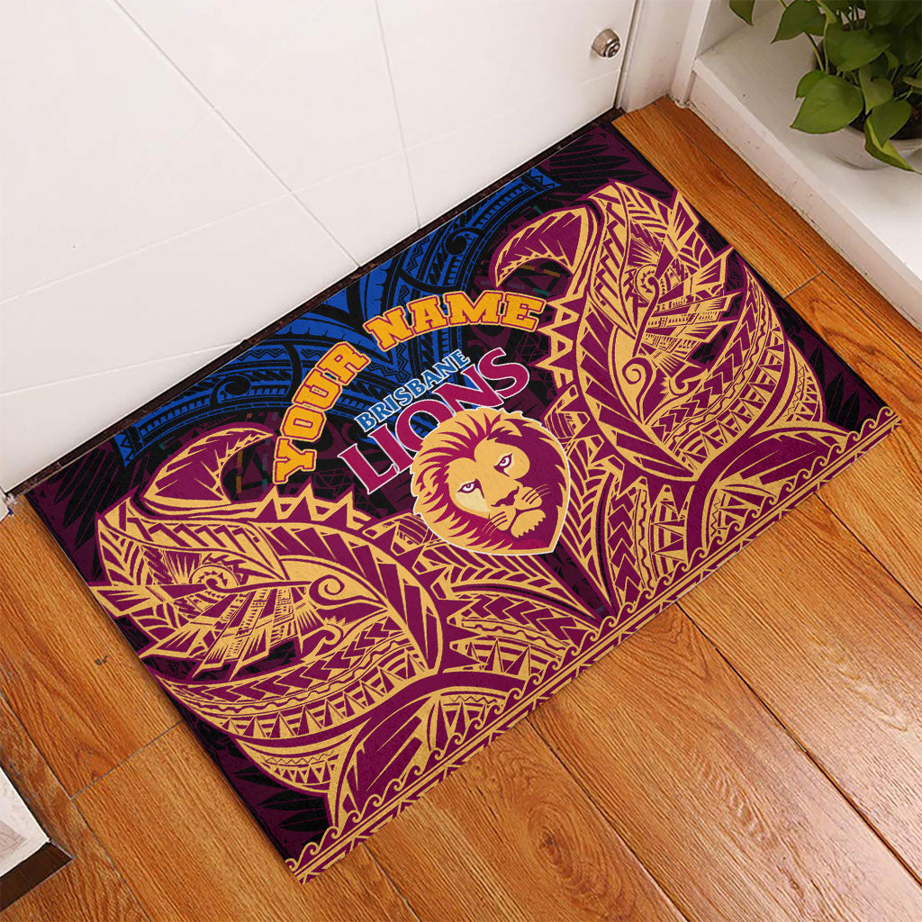 Personalized Brisbane Lions Rubber Doormat Polynesian Tribal Lion Burgundy Gold Warrior