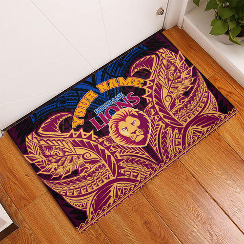Personalized Brisbane Lions Rubber Doormat Polynesian Tribal Lion Burgundy Gold Warrior