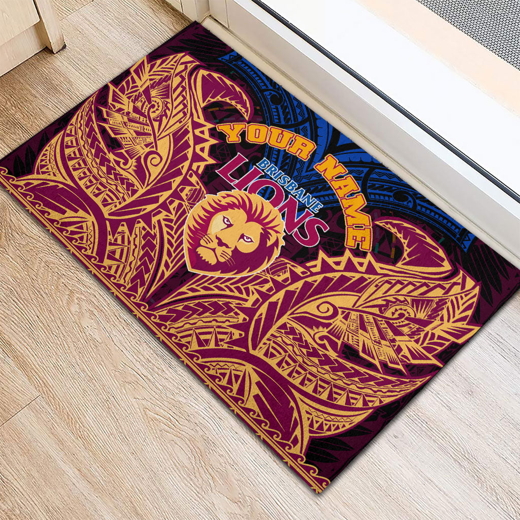 Personalized Brisbane Lions Rubber Doormat Polynesian Tribal Lion Burgundy Gold Warrior