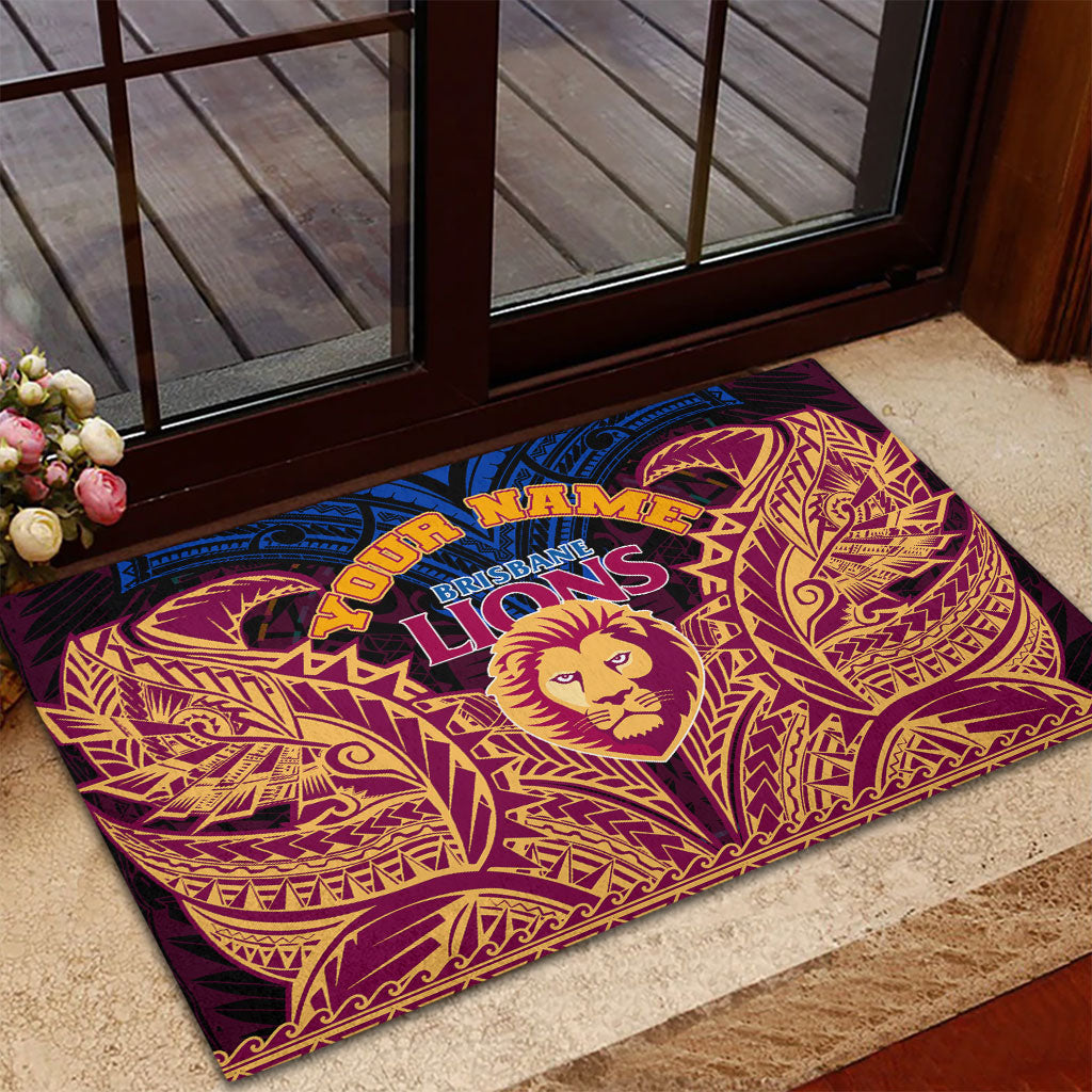 Personalized Brisbane Lions Rubber Doormat Polynesian Tribal Lion Burgundy Gold Warrior