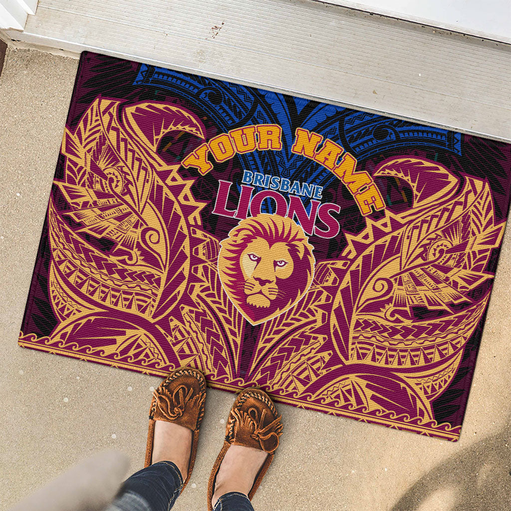 Personalized Brisbane Lions Rubber Doormat Polynesian Tribal Lion Burgundy Gold Warrior