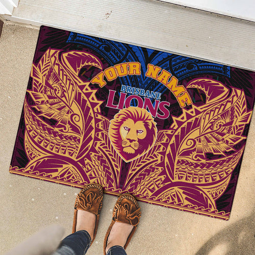 Personalized Brisbane Lions Rubber Doormat Polynesian Tribal Lion Burgundy Gold Warrior