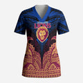 Personalized Brisbane Lions Scrub Top Polynesian Tribal Lion Burgundy Gold Warrior