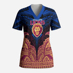 Personalized Brisbane Lions Scrub Top Polynesian Tribal Lion Burgundy Gold Warrior