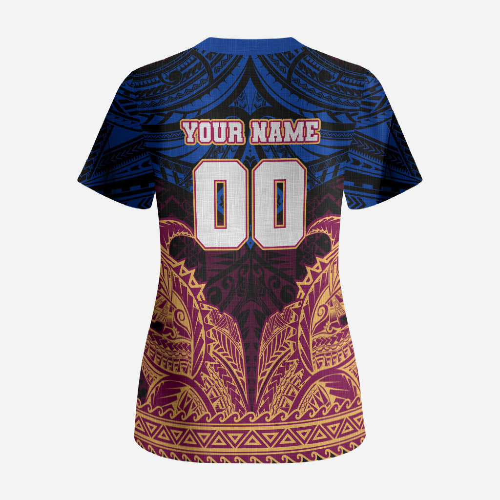 Personalized Brisbane Lions Scrub Top Polynesian Tribal Lion Burgundy Gold Warrior