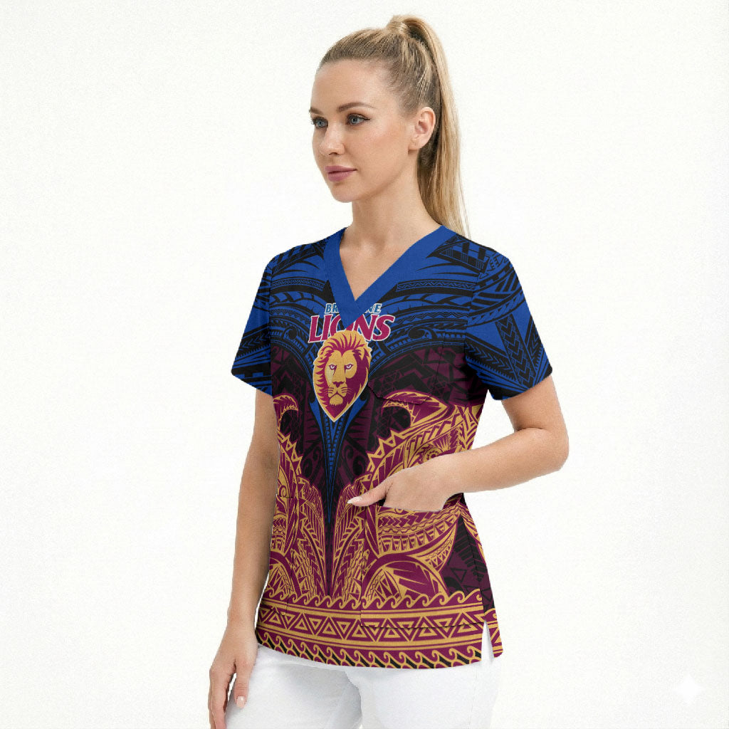 Personalized Brisbane Lions Scrub Top Polynesian Tribal Lion Burgundy Gold Warrior