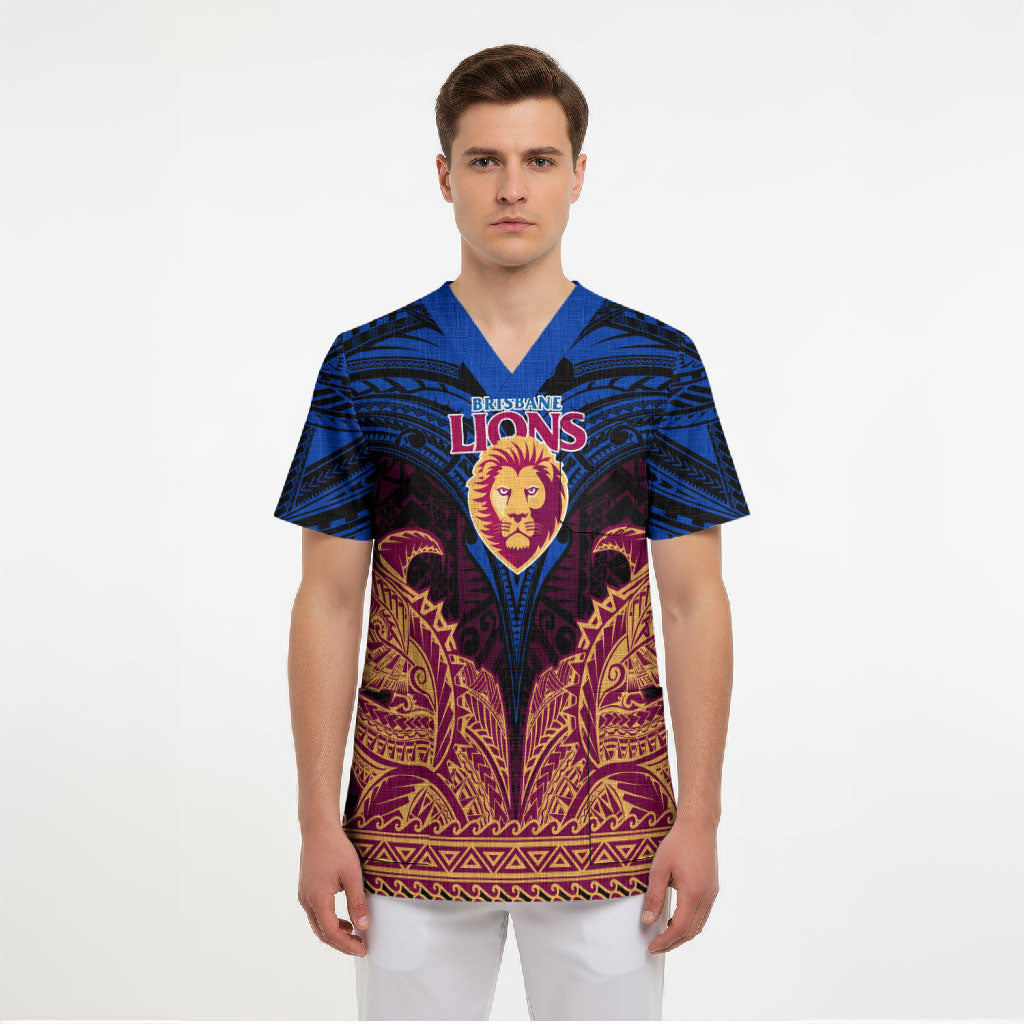 Personalized Brisbane Lions Scrub Top Polynesian Tribal Lion Burgundy Gold Warrior