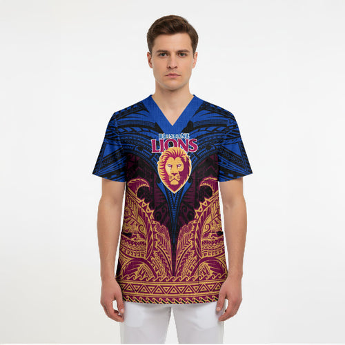 Personalized Brisbane Lions Scrub Top Polynesian Tribal Lion Burgundy Gold Warrior