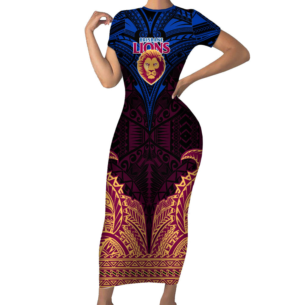 Personalized Brisbane Lions Short Sleeve Bodycon Dress Polynesian Tribal Lion Burgundy Gold Warrior