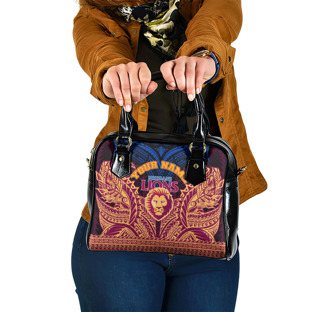Personalized Brisbane Lions Shoulder Handbag Polynesian Tribal Lion Burgundy Gold Warrior