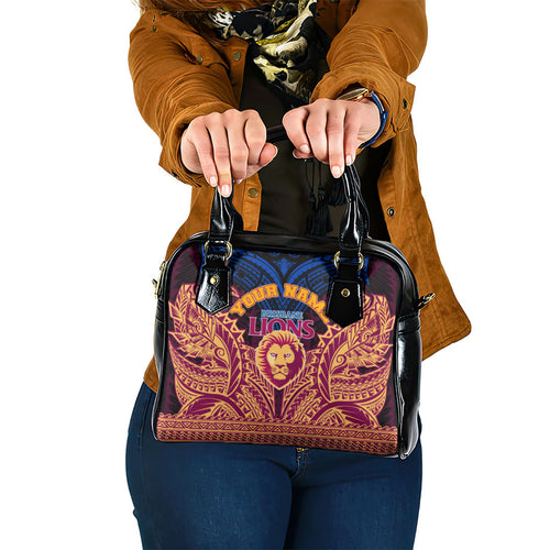 Personalized Brisbane Lions Shoulder Handbag Polynesian Tribal Lion Burgundy Gold Warrior