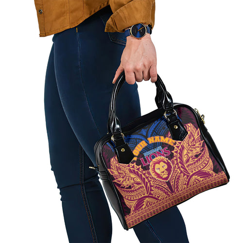 Personalized Brisbane Lions Shoulder Handbag Polynesian Tribal Lion Burgundy Gold Warrior