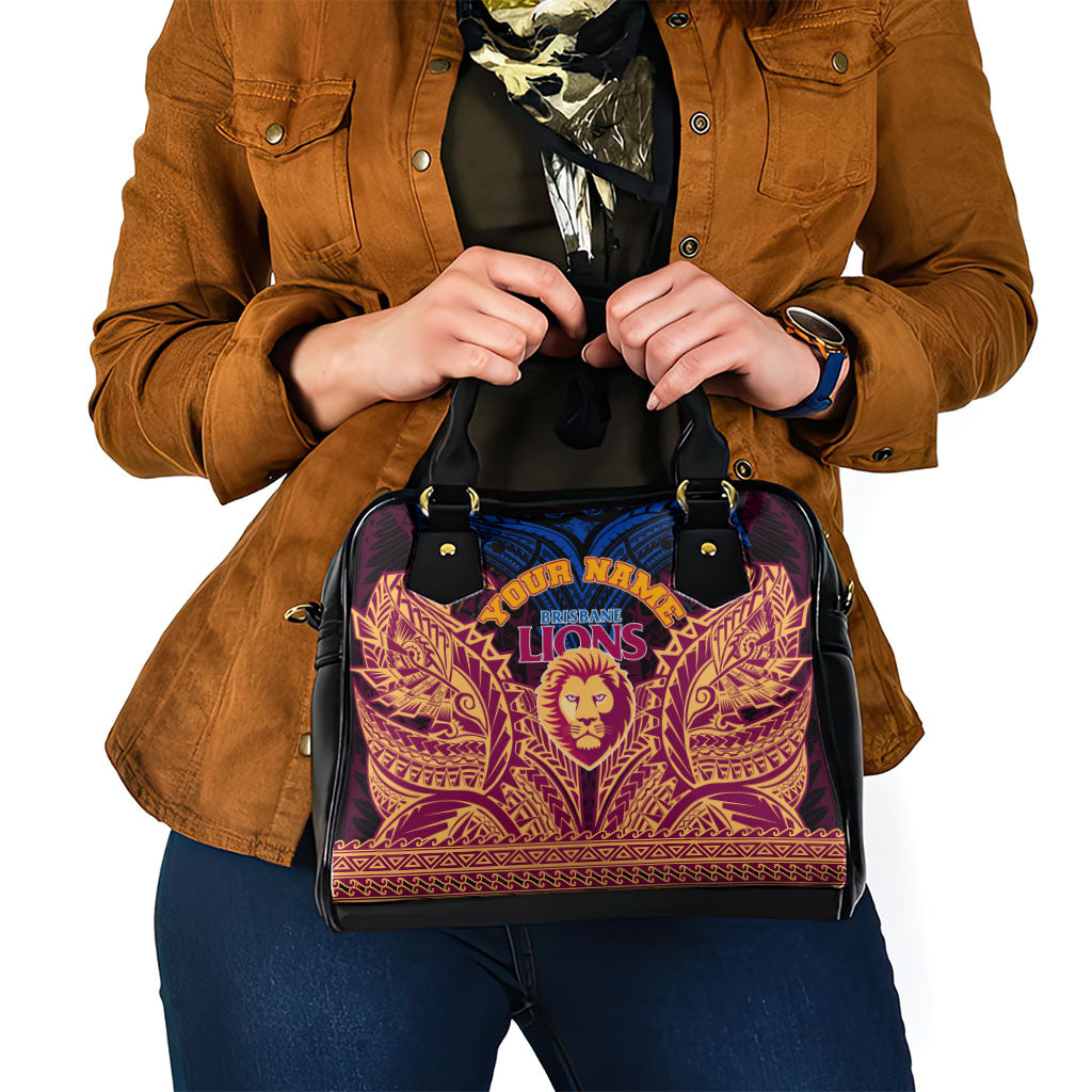 Personalized Brisbane Lions Shoulder Handbag Polynesian Tribal Lion Burgundy Gold Warrior